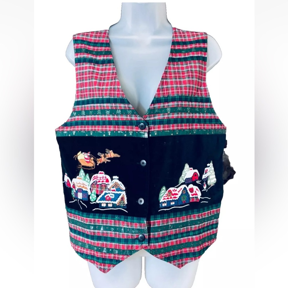 Vintage Casey & Max Black Velvet Tartan Embroidered Christmas Party Vest Size M - Picture 9 of 9
